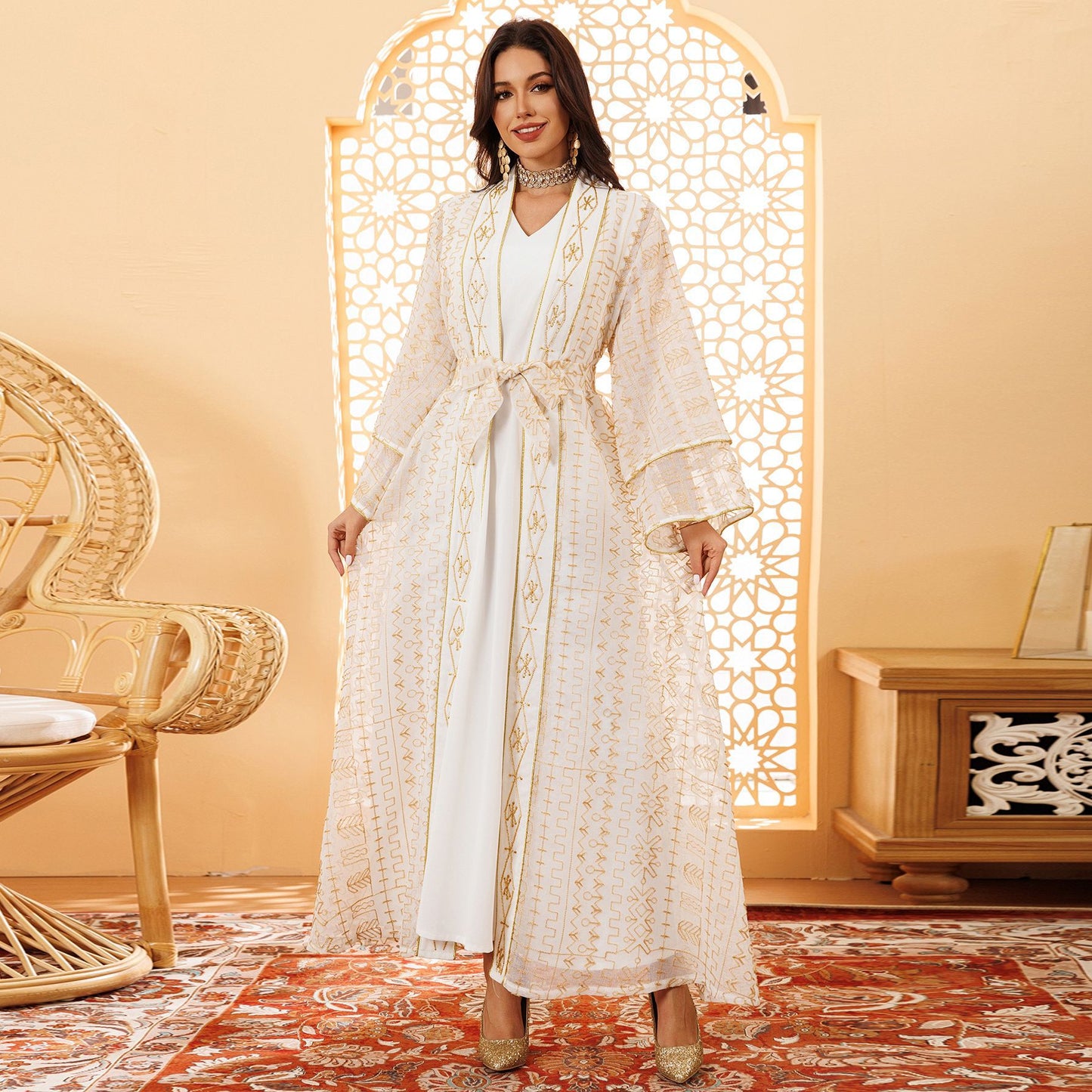 Muslim Robe Mesh Embroidery Saudi Dress Clothing