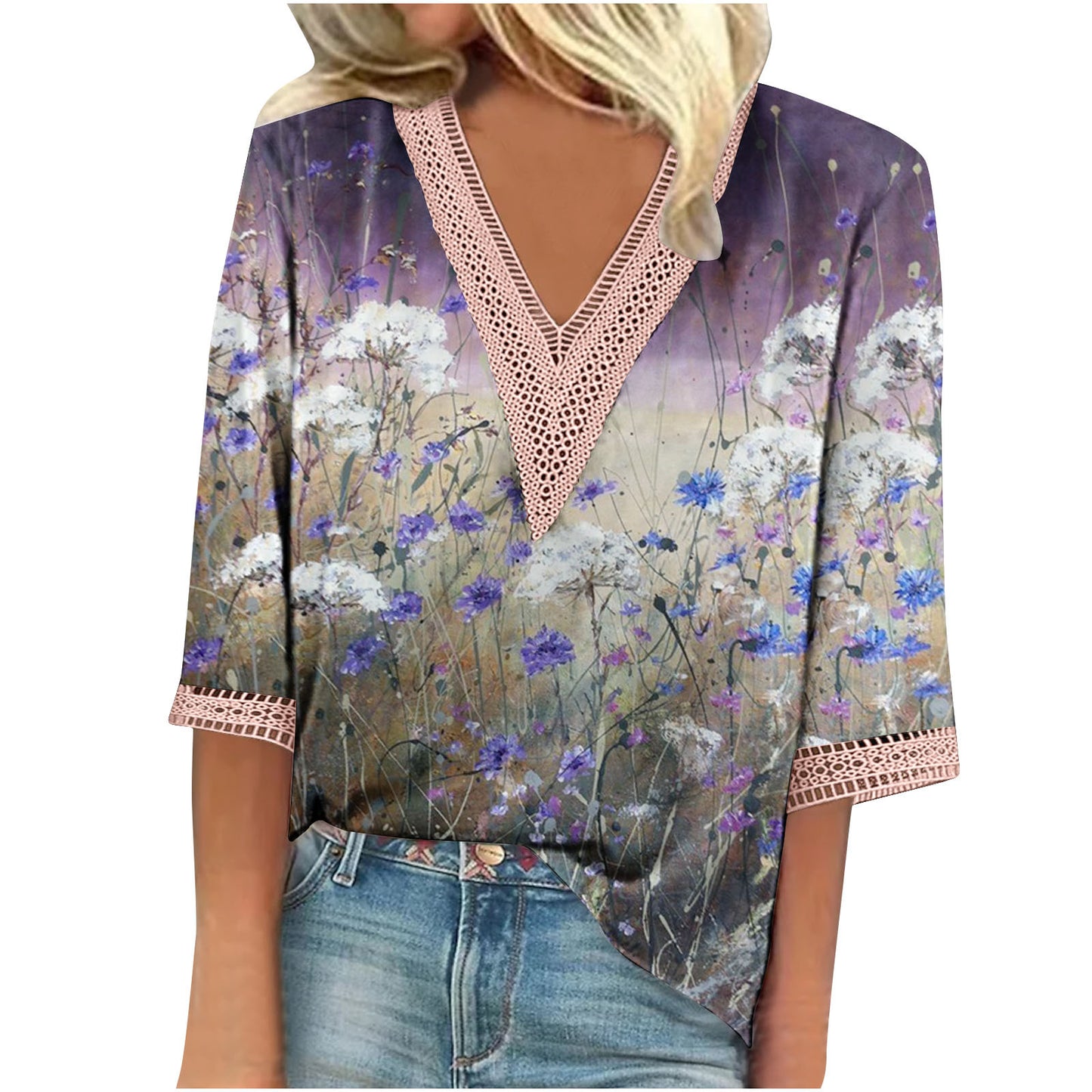 Women's Summer Printed Lace Stitching Sleeve T-shirt Blouses