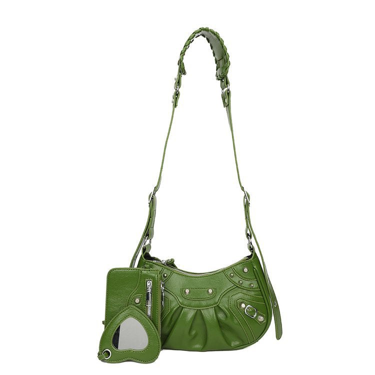 Women's Underarm Retro Rivet Motorcycle Pleated Crescent Crossbody Bags
