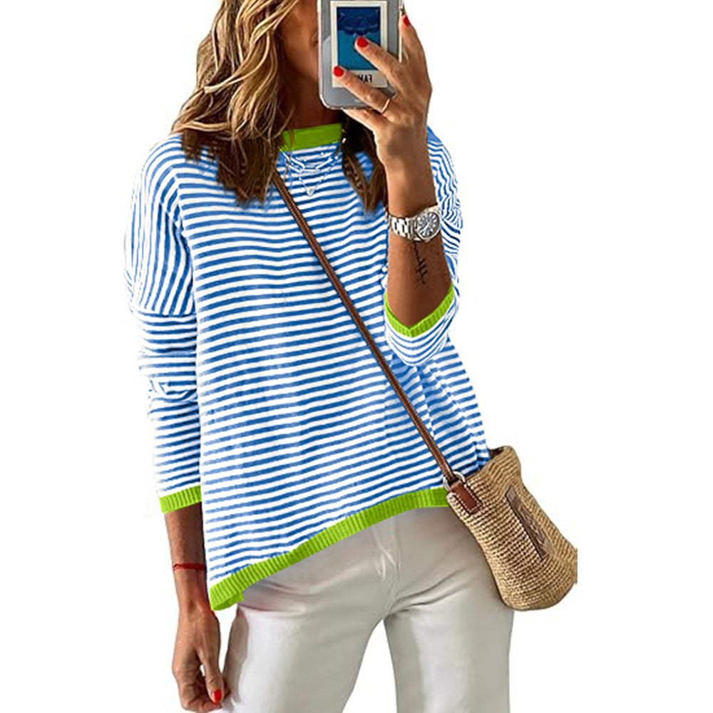 Women's Round Neck Striped Contrast Color Long Sweaters