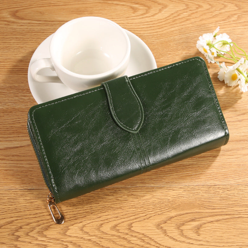 Women's Oil Wax Leather Long Zipper Large Ladies Wallet