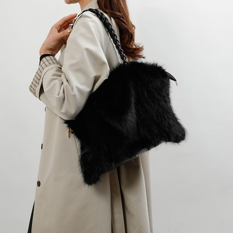 Women's Plush High-grade Fashion Pleated Imitation Fox Fur Shoulder Bags
