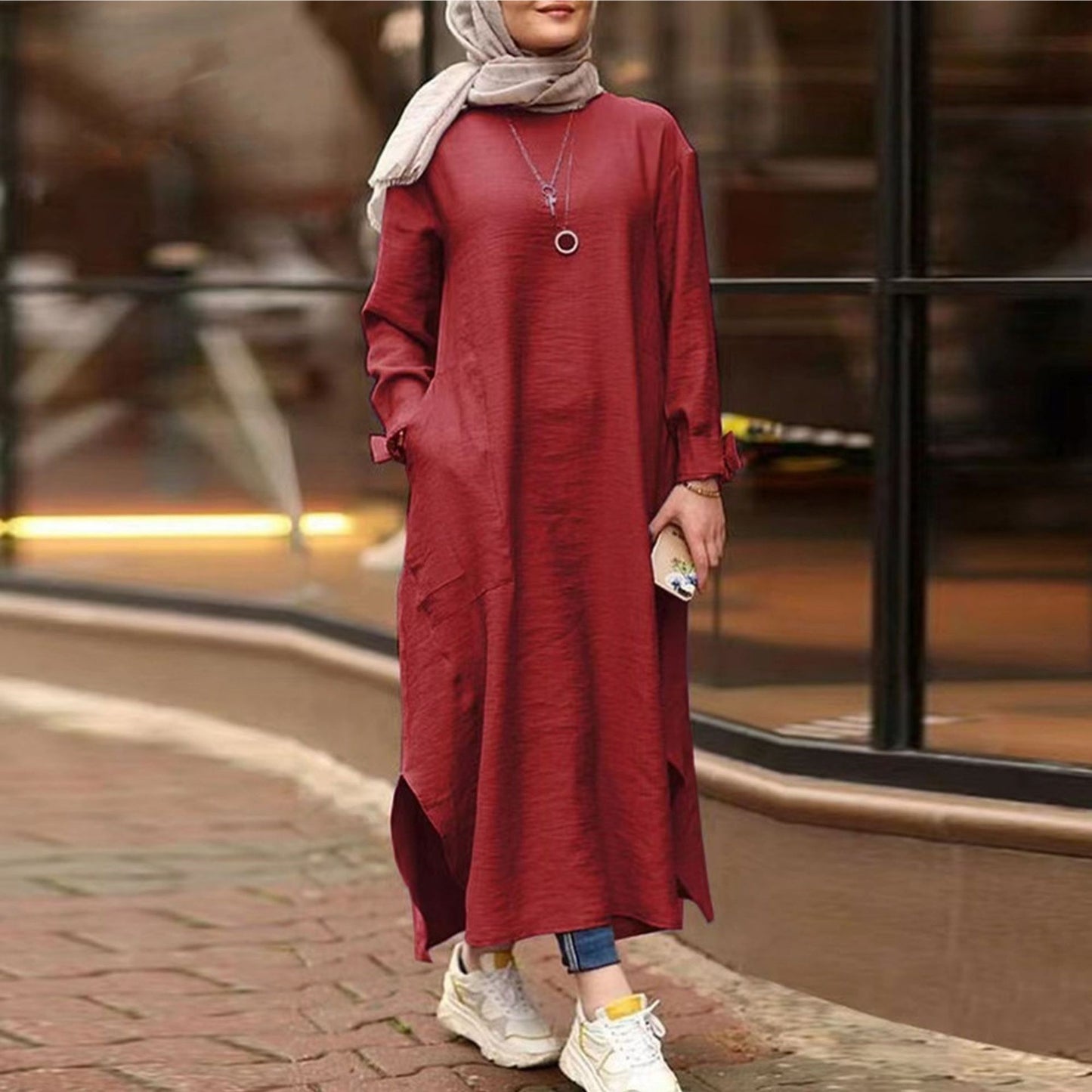 Women's Muslim Wear Long Sleeve Shirt Pocket Dress Clothing