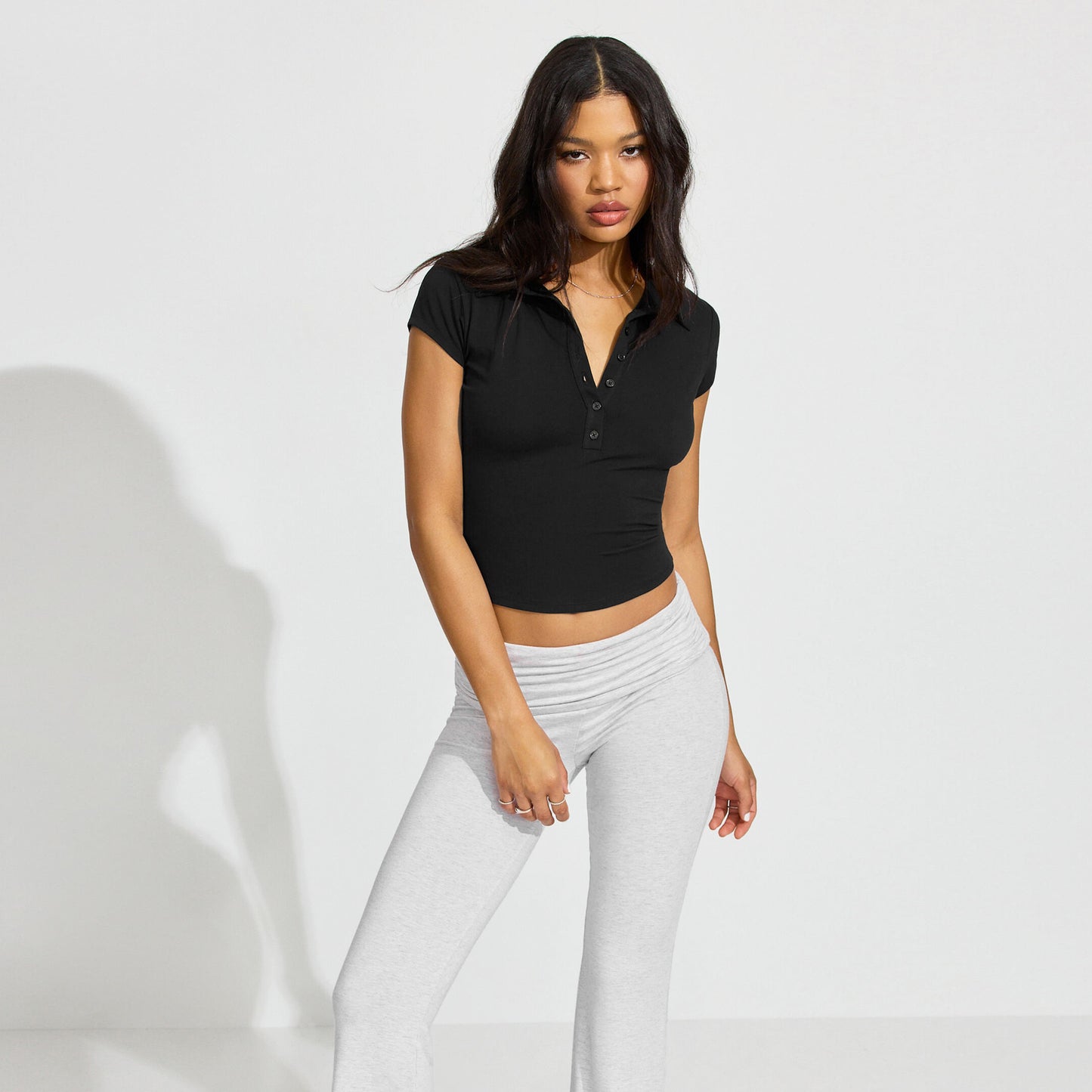 Collar Button Sleeve Tight Sports Waist Blouses