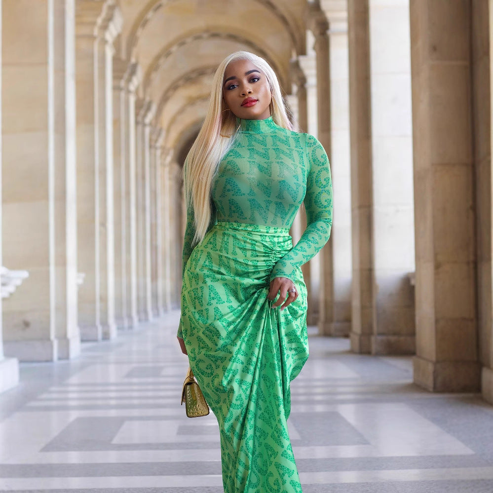 Women's Mesh Pleating Slim Fit Long Dress Suits