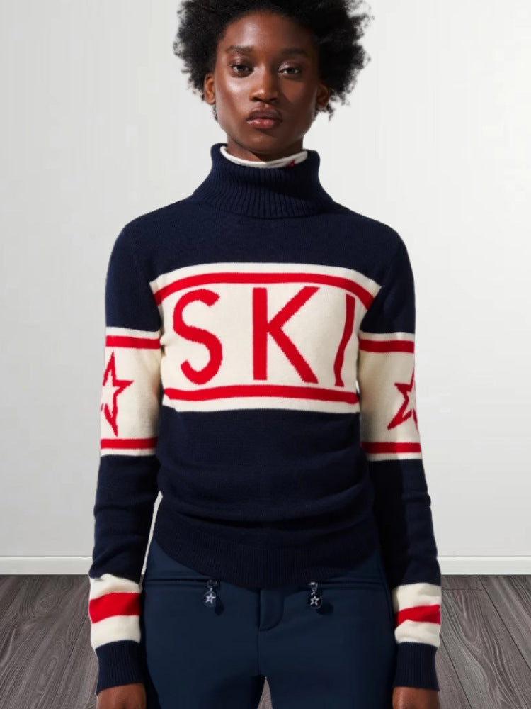Star Letters Printed Turtleneck Fashionable Elegant Sweaters