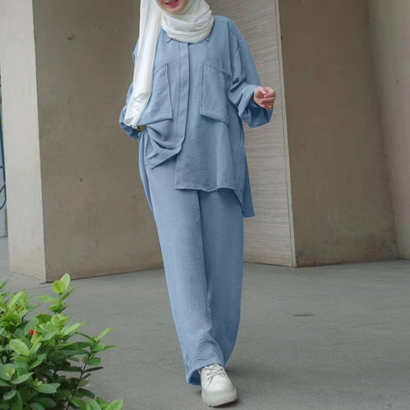 Muslim Long Sleeve Patch Pocket Hidden Placket Clothing