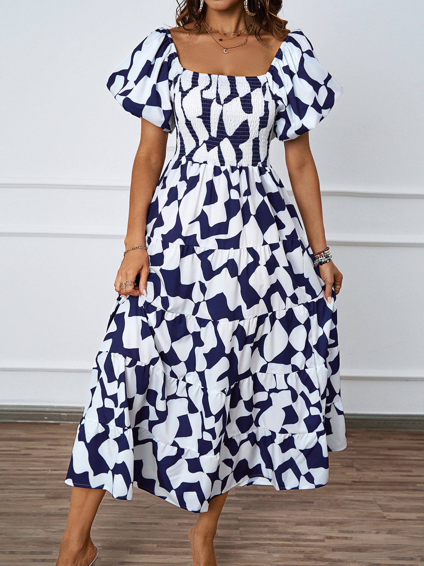 Women's Summer Elegant Printed Pettiskirt Puff Sleeve Dresses