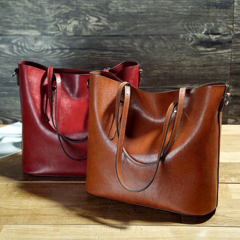 Women's Oil Wax Leather Solid Color Underarm Large Shoulder Bags