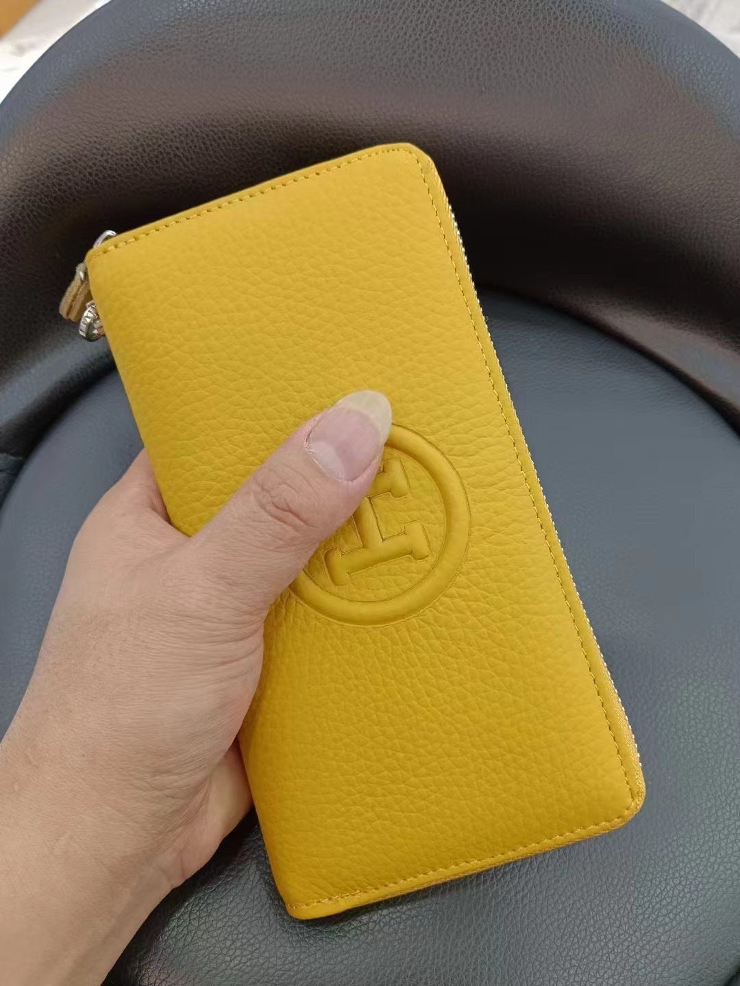 Women's Long Cowhide Zipper Lychee Pattern Clutch Ladies Wallets