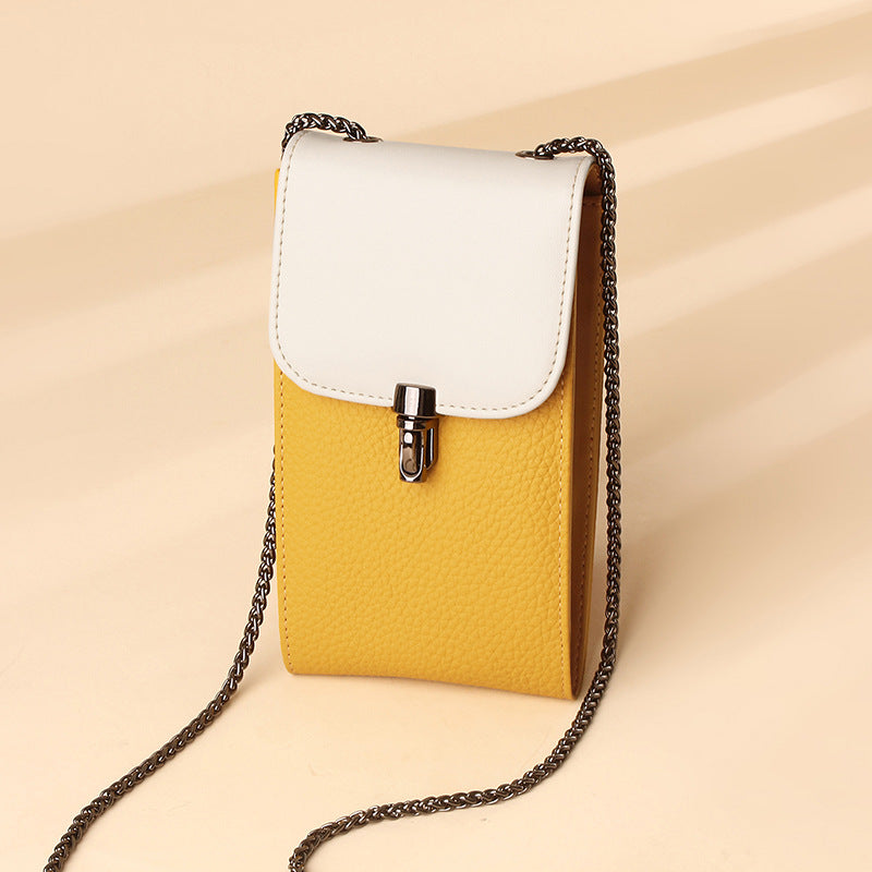 Women's Simple Contrast Color Design Chain Genuine Phone Bags