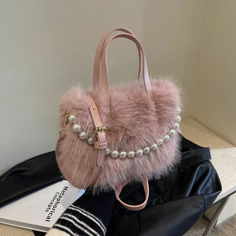 Women's Furry Fashion Pearl Plush High Texture Small Square Bags