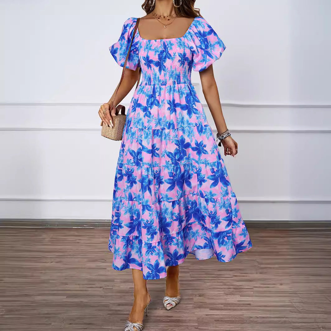 Women's Summer Elegant Printed Pettiskirt Puff Sleeve Dresses