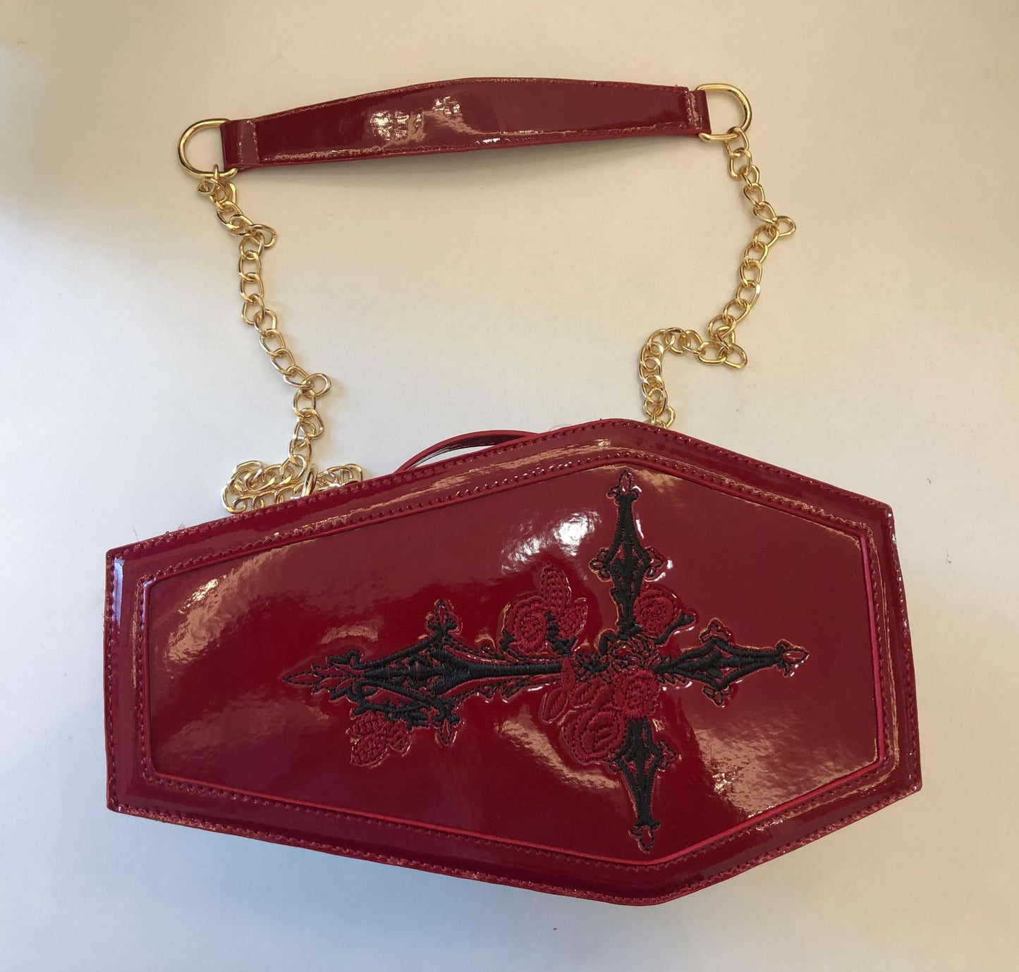 Women's Patent Leather Embroidered Coffin Red Punk Cosmetic Bags