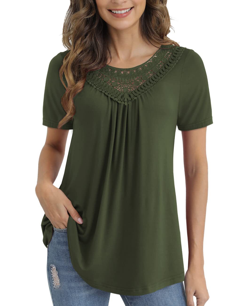Women's Summer Sleeve Lace Pleated Shirt Waist Blouses