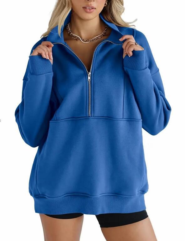 Women's Zipper Patchwork Pocket Brushed Hoody Loose Sweaters