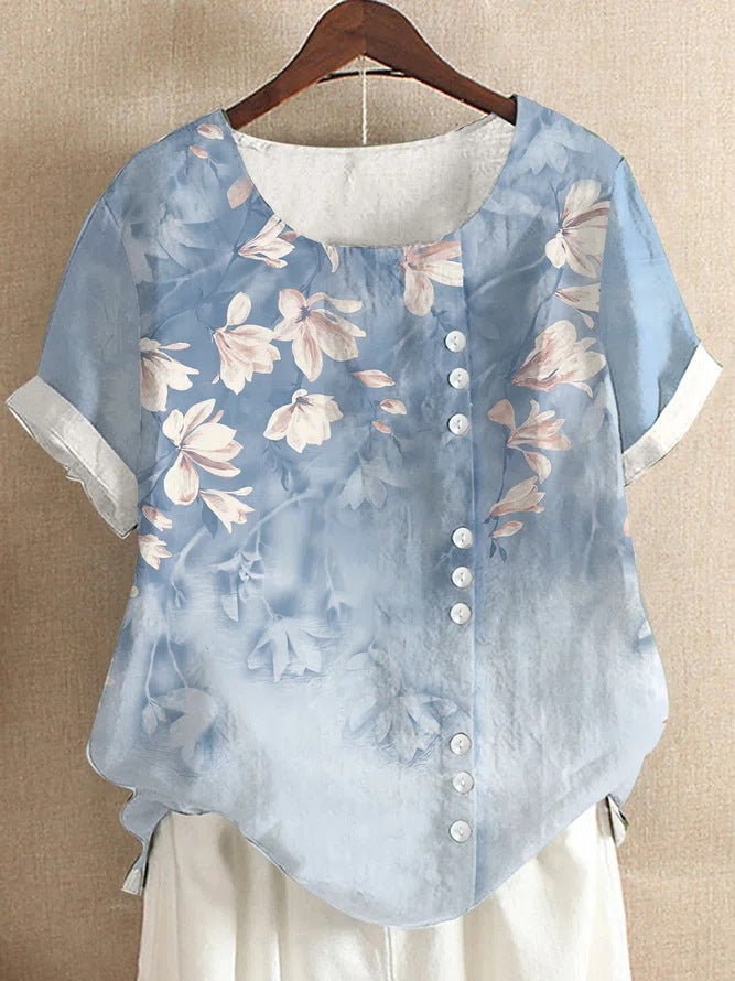 Women's Summer Retro Cotton Linen Fashion Printed Loose Blouses