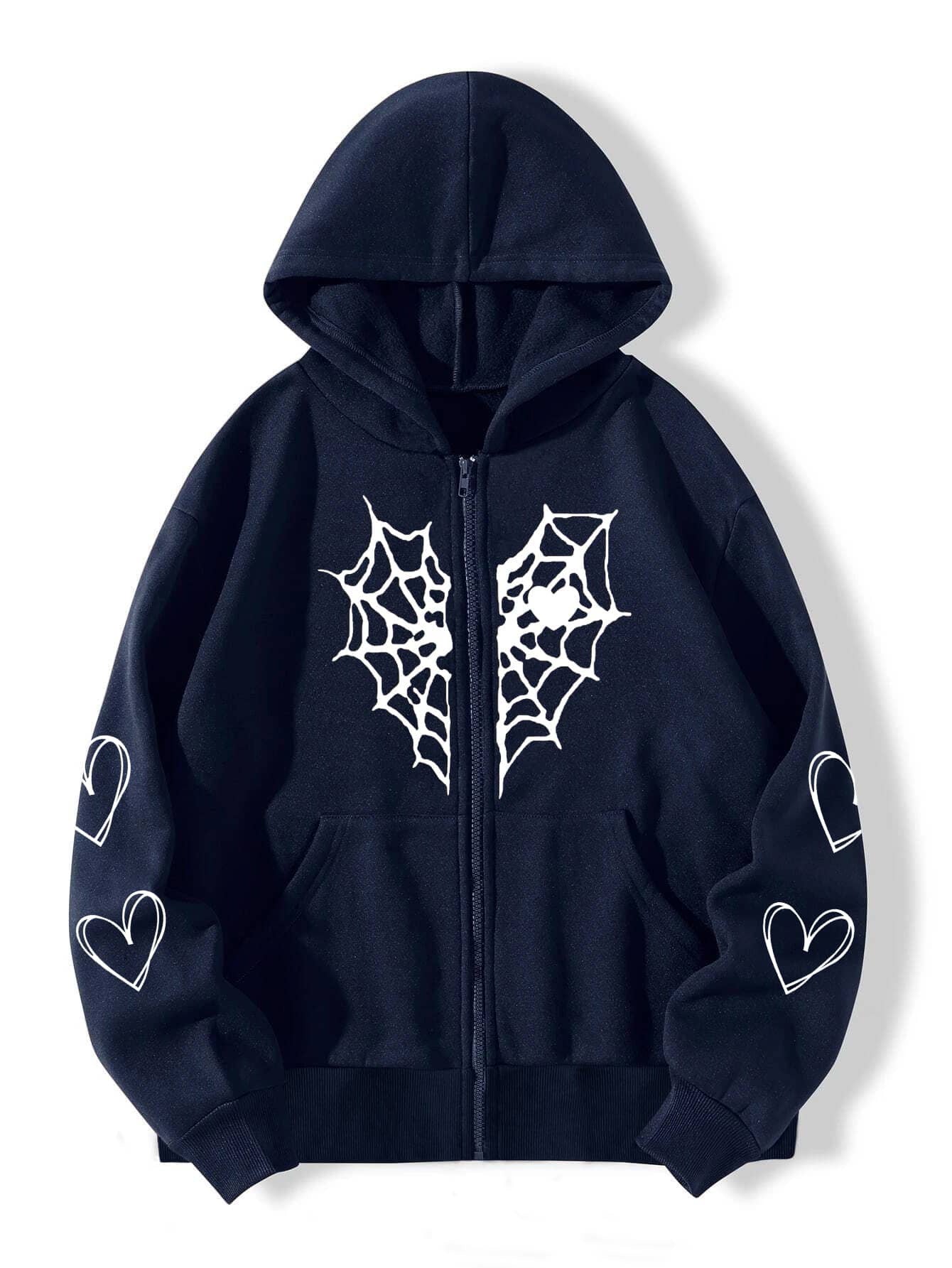 Spider Web Heart Printing Zipper Warm Sweaters