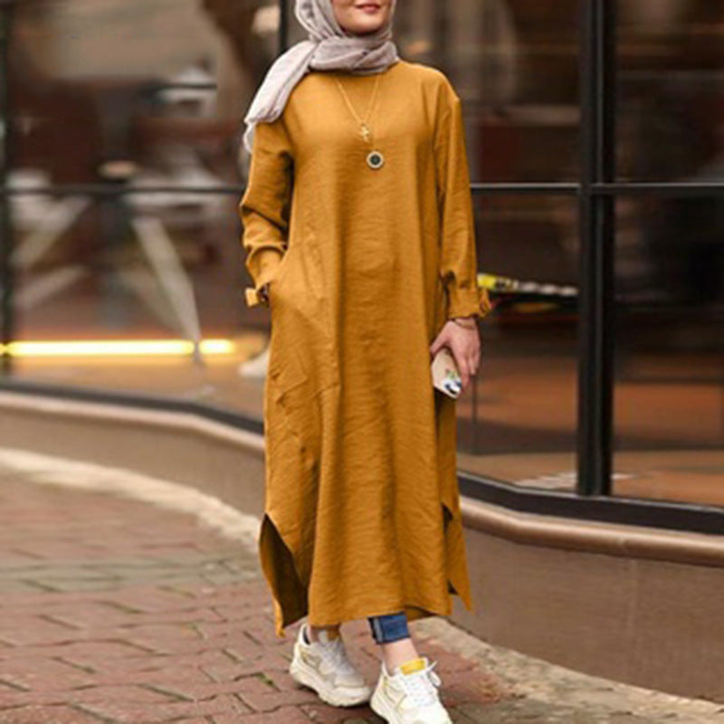 Women's Muslim Wear Long Sleeve Shirt Pocket Dress Clothing