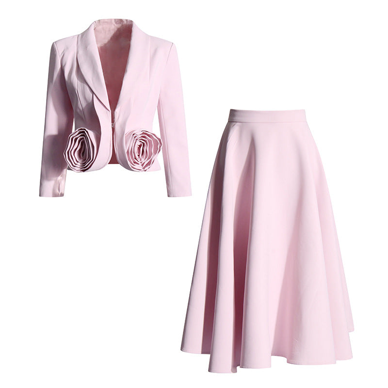 Women's Autumn Stitching Three-dimensional Rose Pleated High Suits