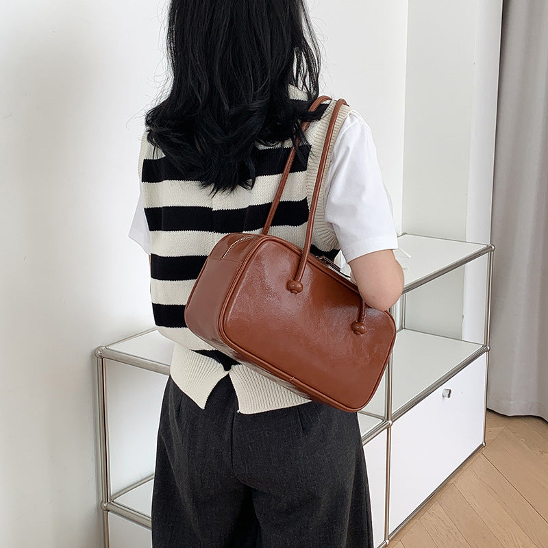 Women's Oil Wax Leather Retro Boston Korean Style Large Shoulder Bags