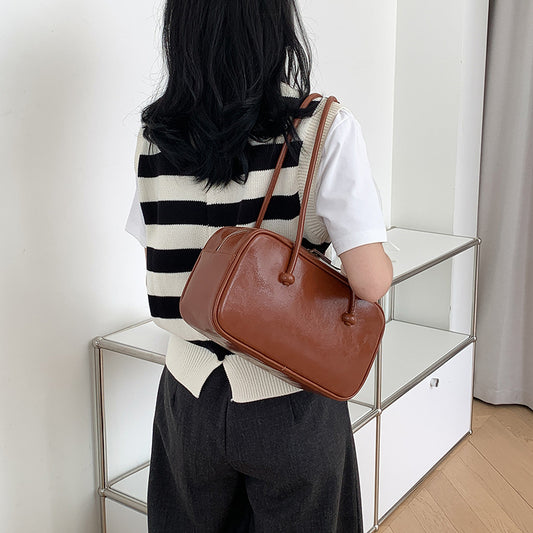 Women's Oil Wax Leather Retro Boston Korean Style Large Shoulder Bags