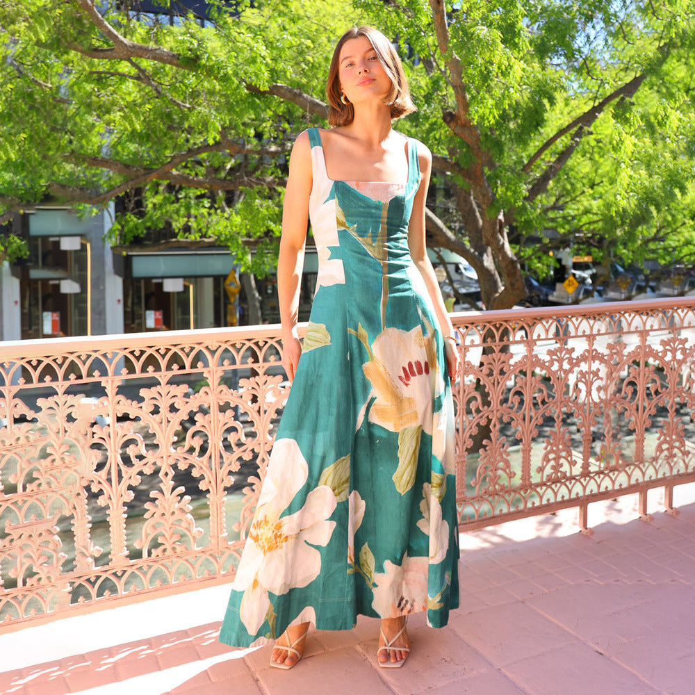 French Retro Dress Printed Spaghetti Straps Dresses