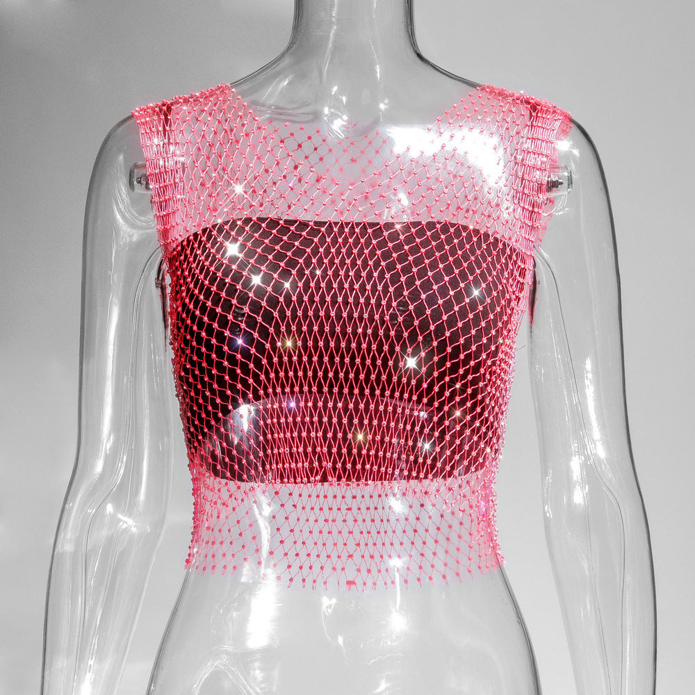 Women's Charming Summer Rhinestone Mesh T-shirt Tops