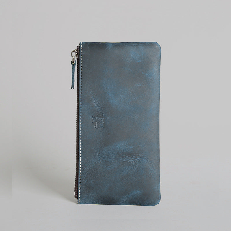 Men's Retro First Layer Cowhide Long Genuine Leather Zipper Large Ladies Wallet