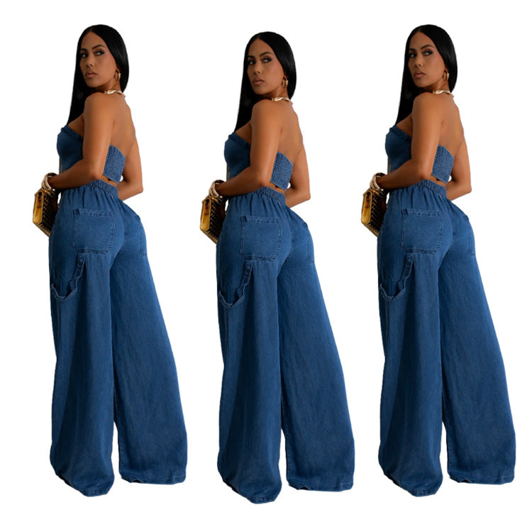 Women's Cool Denim Tube Braid Rope Wide Suits