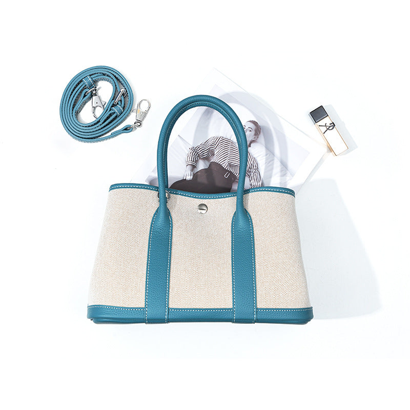 Women's Layer Cowhide Large Capacity Canvas Contrast Color Handbags