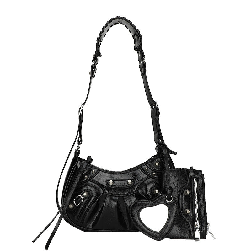 Women's Underarm Retro Rivet Motorcycle Pleated Crescent Crossbody Bags