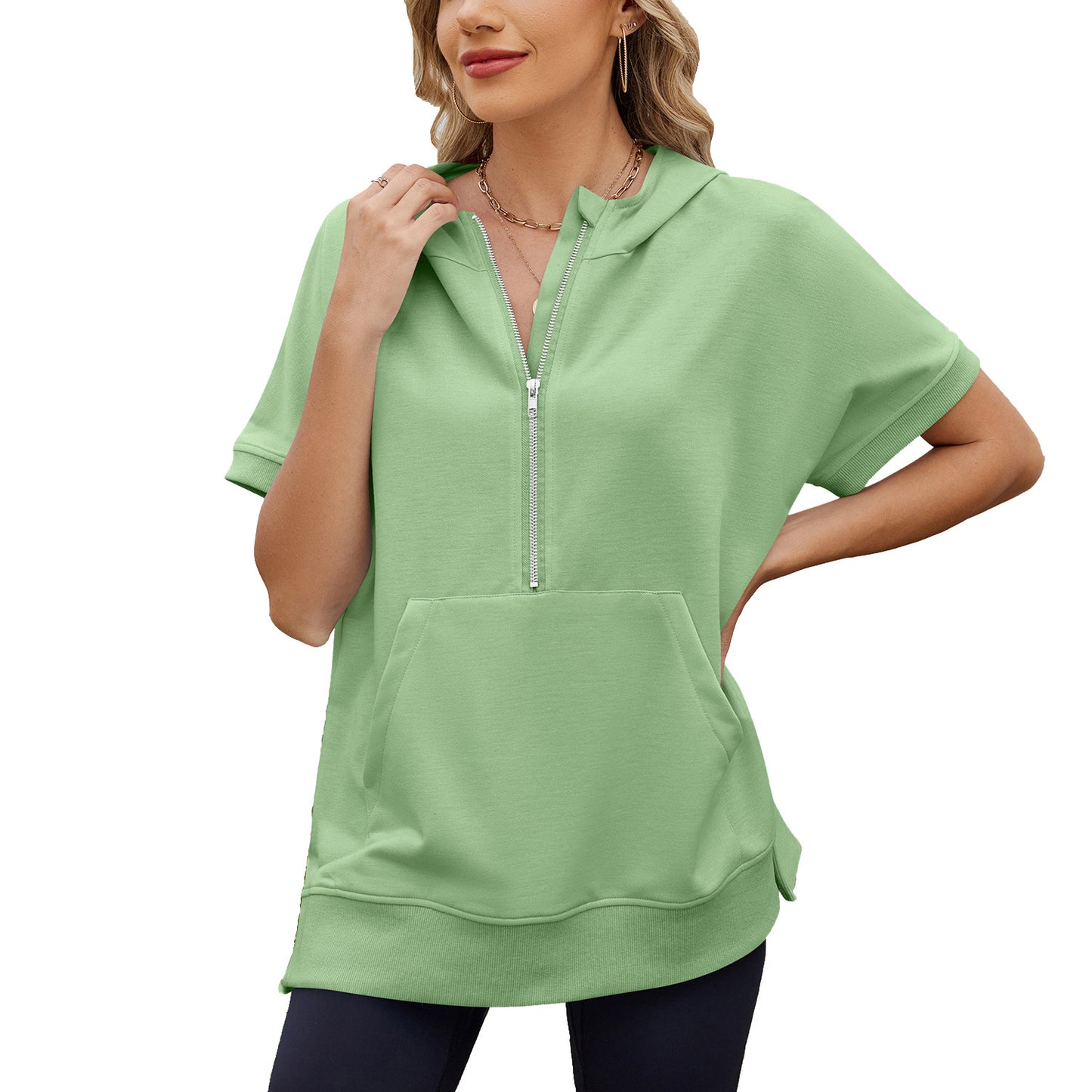 Hooded Loose Sleeve Zipper Pocket Thin Sweaters
