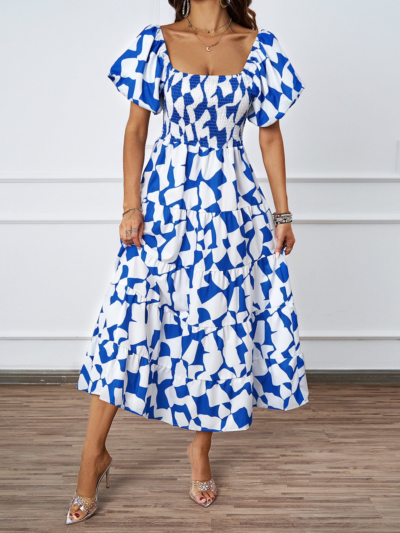 Women's Summer Elegant Printed Pettiskirt Puff Sleeve Dresses