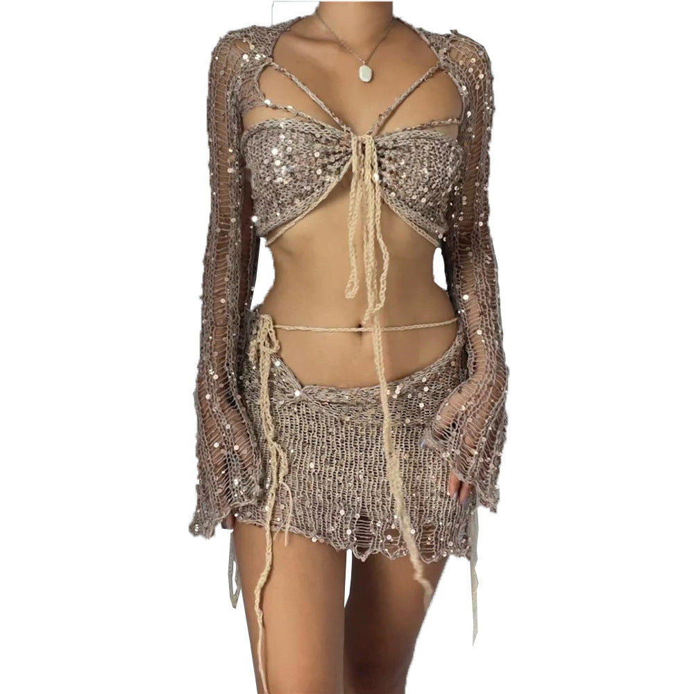 Women's New Popular Sequin Knitted Three-piece Suits