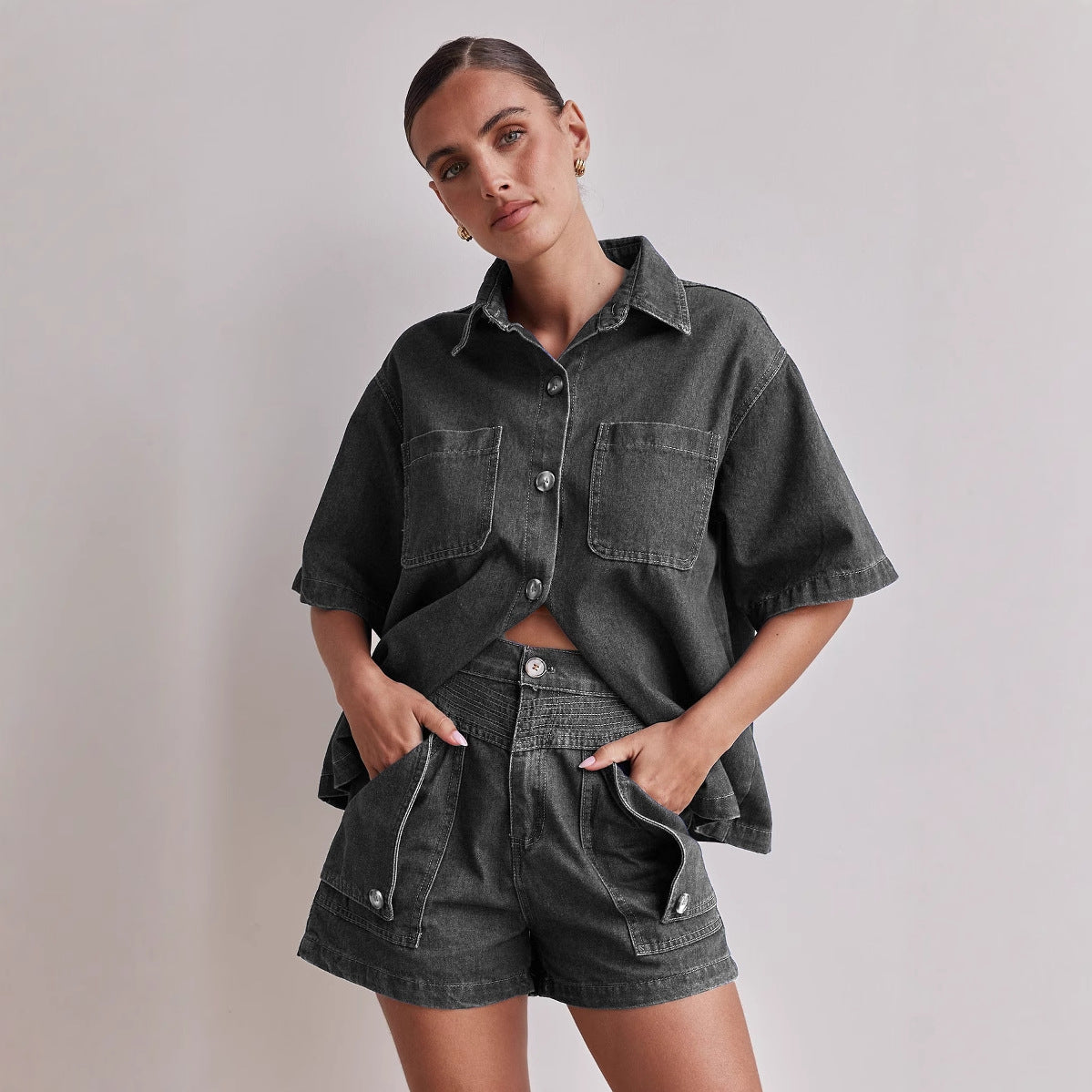 Women's Summer Casual Retro Loose Shirt Denim Suits