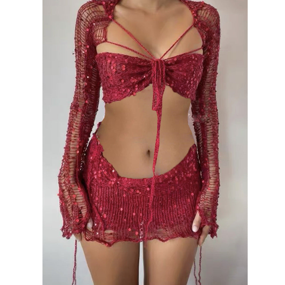 Women's New Popular Sequin Knitted Three-piece Suits