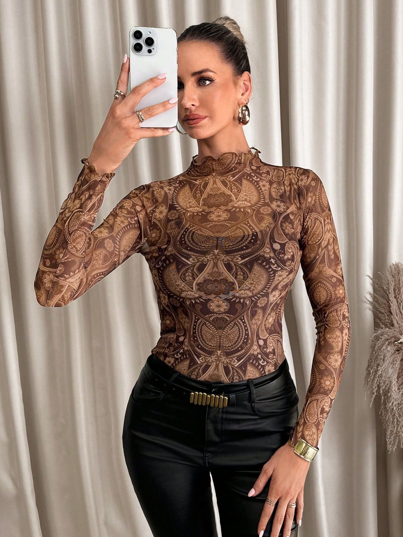 Women's Sexy Leopard Print Mesh Wooden Ear Tights Blouses