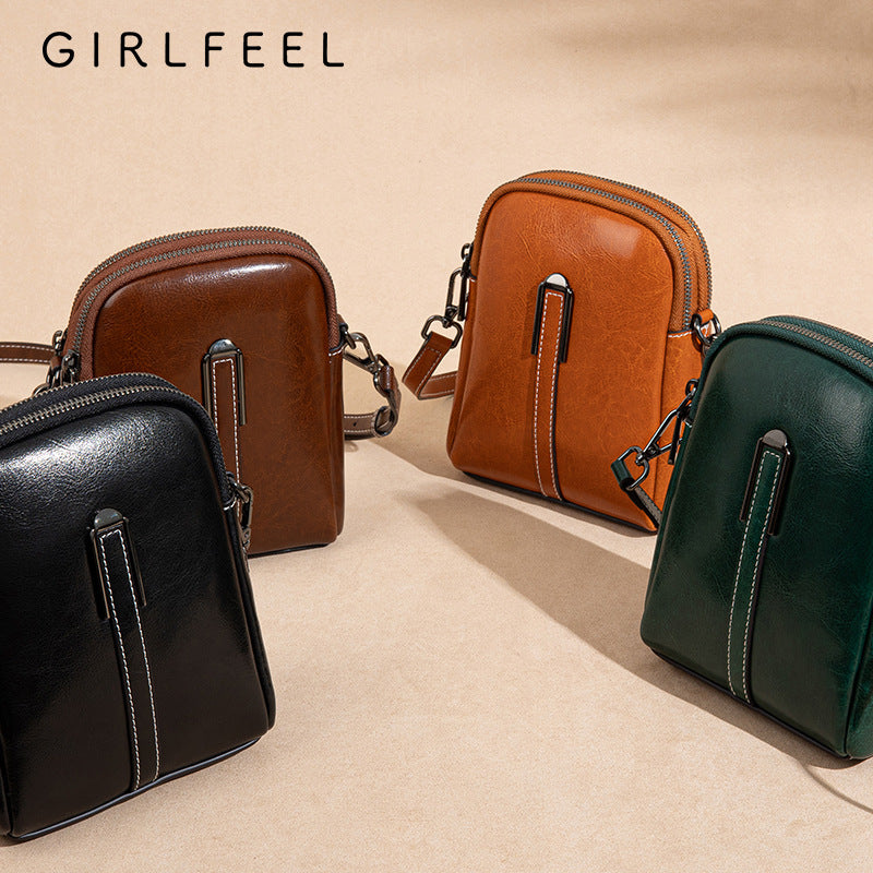 Women's Trendy Vintage Oil Wax Cowhide Double Crossbody Bags