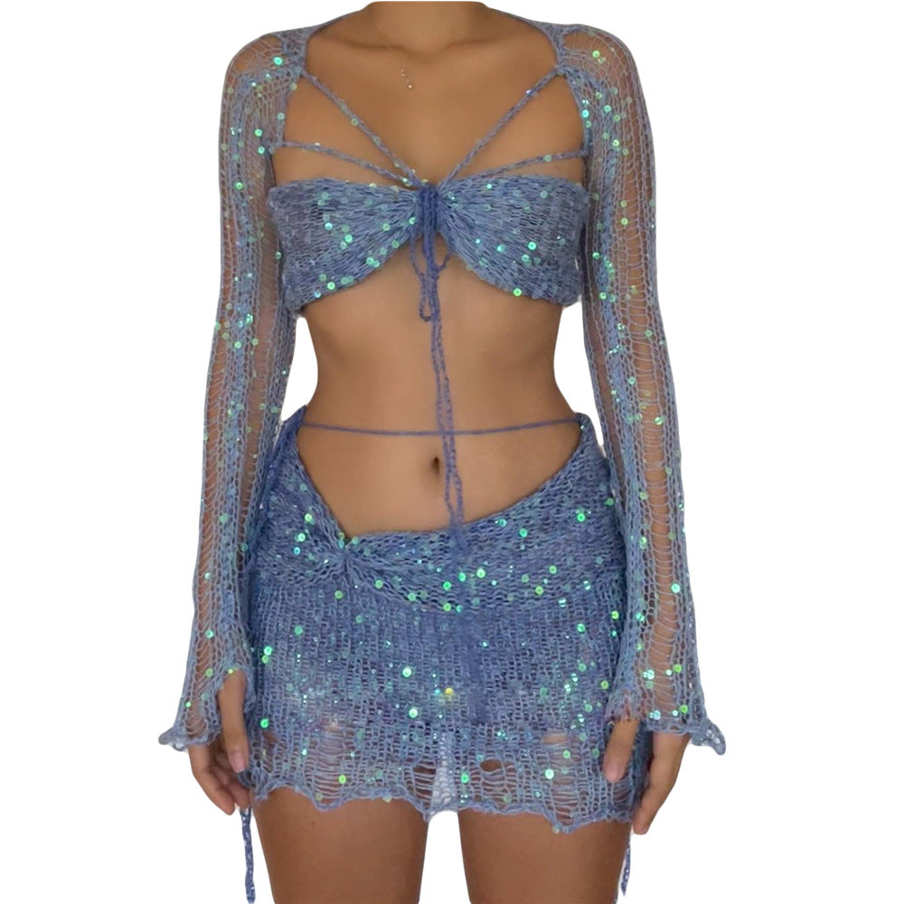 Women's New Popular Sequin Knitted Three-piece Suits