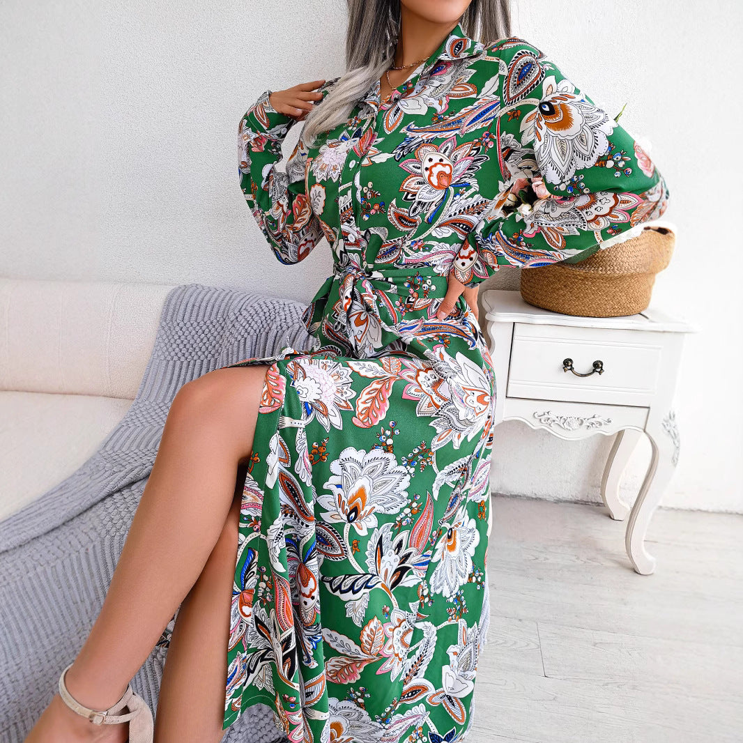 Women's Vintage Flower Lapel Tied Shirt Dress Clothing