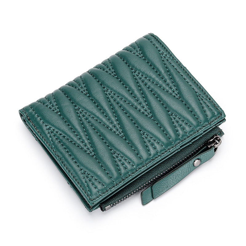 Women's Sheepskin Pleated Vertical Fashion Embroidery Short Ladies Wallets