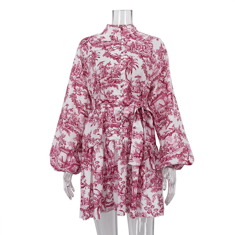 National Style Ink Printing Dress Puff Sleeve Dresses
