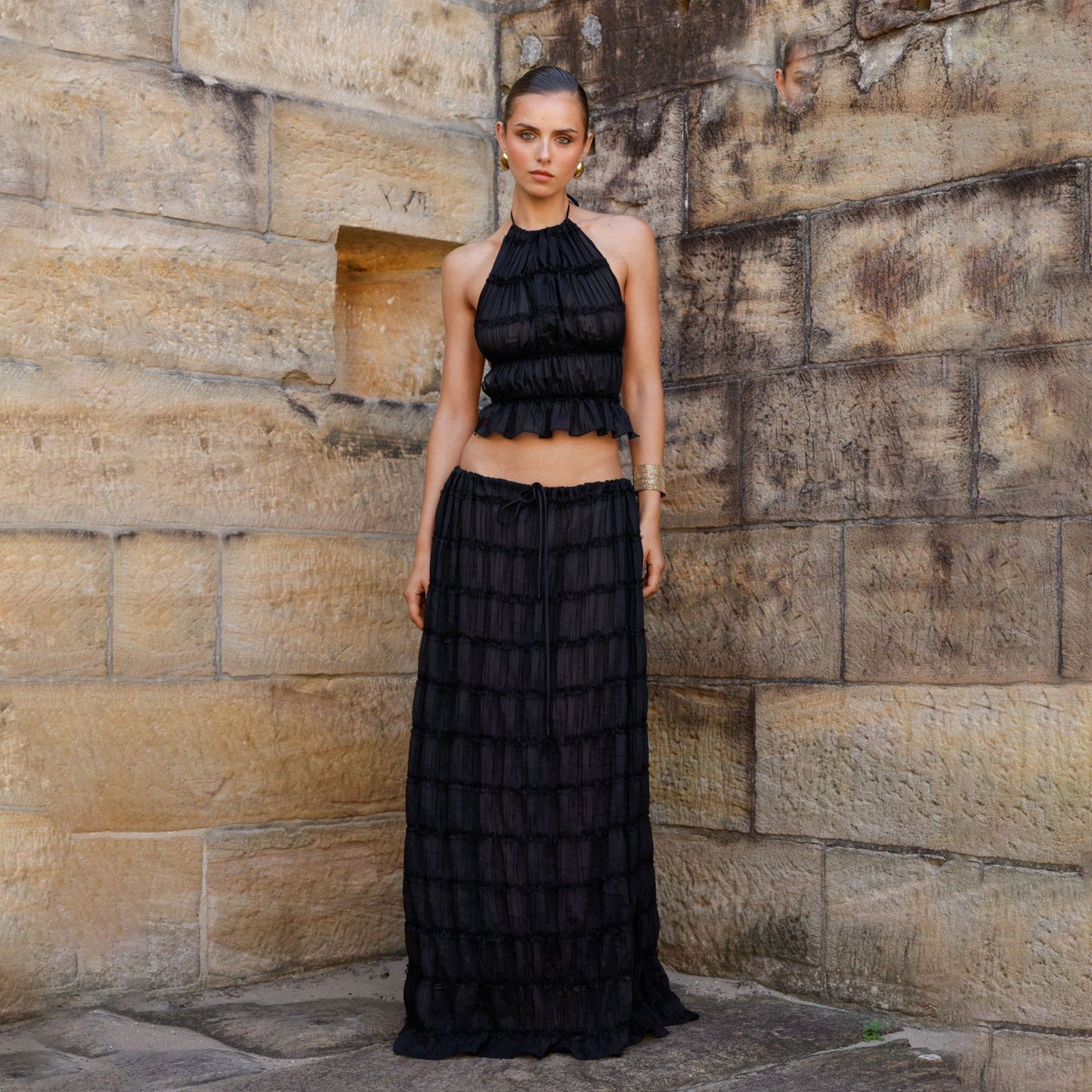 Backless Wooden Ear Chiffon Pleated Dress Suits
