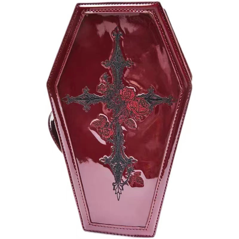 Women's Patent Leather Embroidered Coffin Red Punk Cosmetic Bags