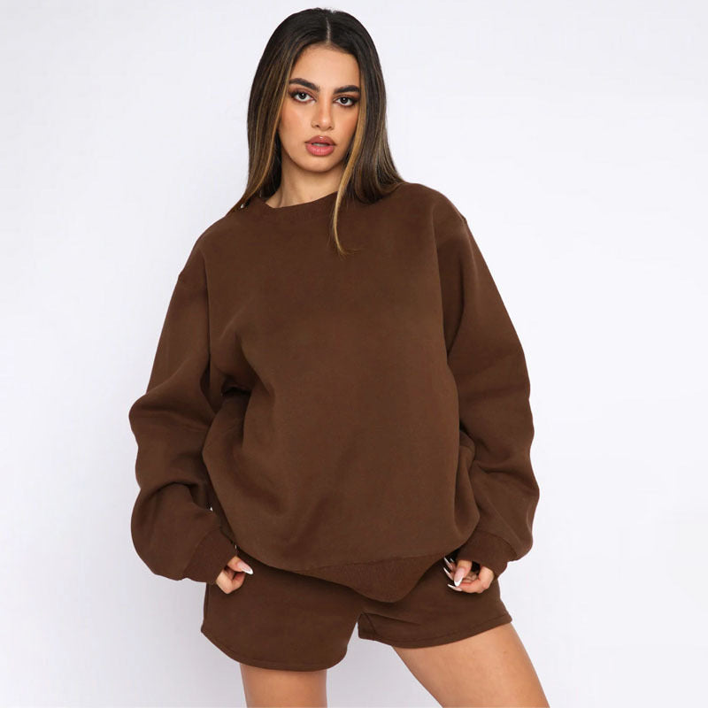 Women's Solid Color Round Neck Pullover Long Shorts