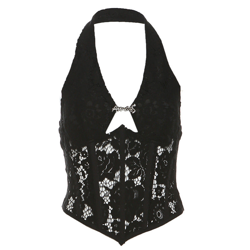 Women's Winter Sexy Backless Halter Lace Hollow Tops