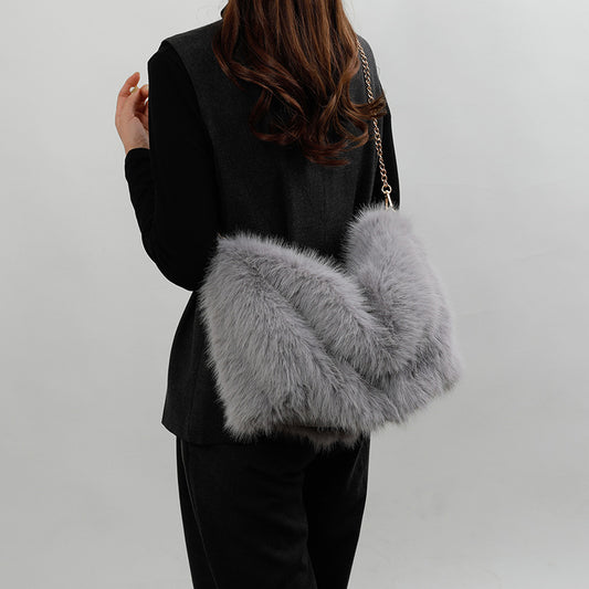 Women's Plush High-grade Fashion Pleated Imitation Fox Fur Shoulder Bags