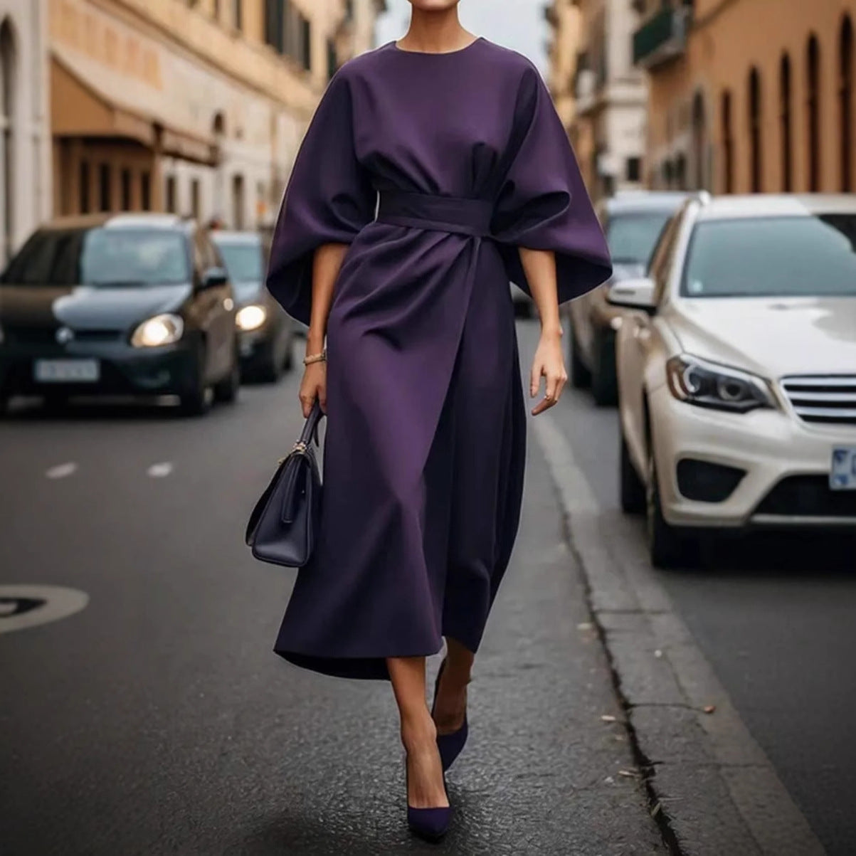 Women's Fashion Elegant Solid Color Waist Tight Dress Casual Dolman Dresses