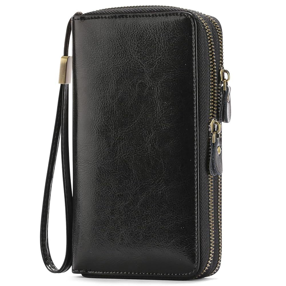 Women's Layer Cowhide Double Zip Clutch Trendy Ladies Wallets